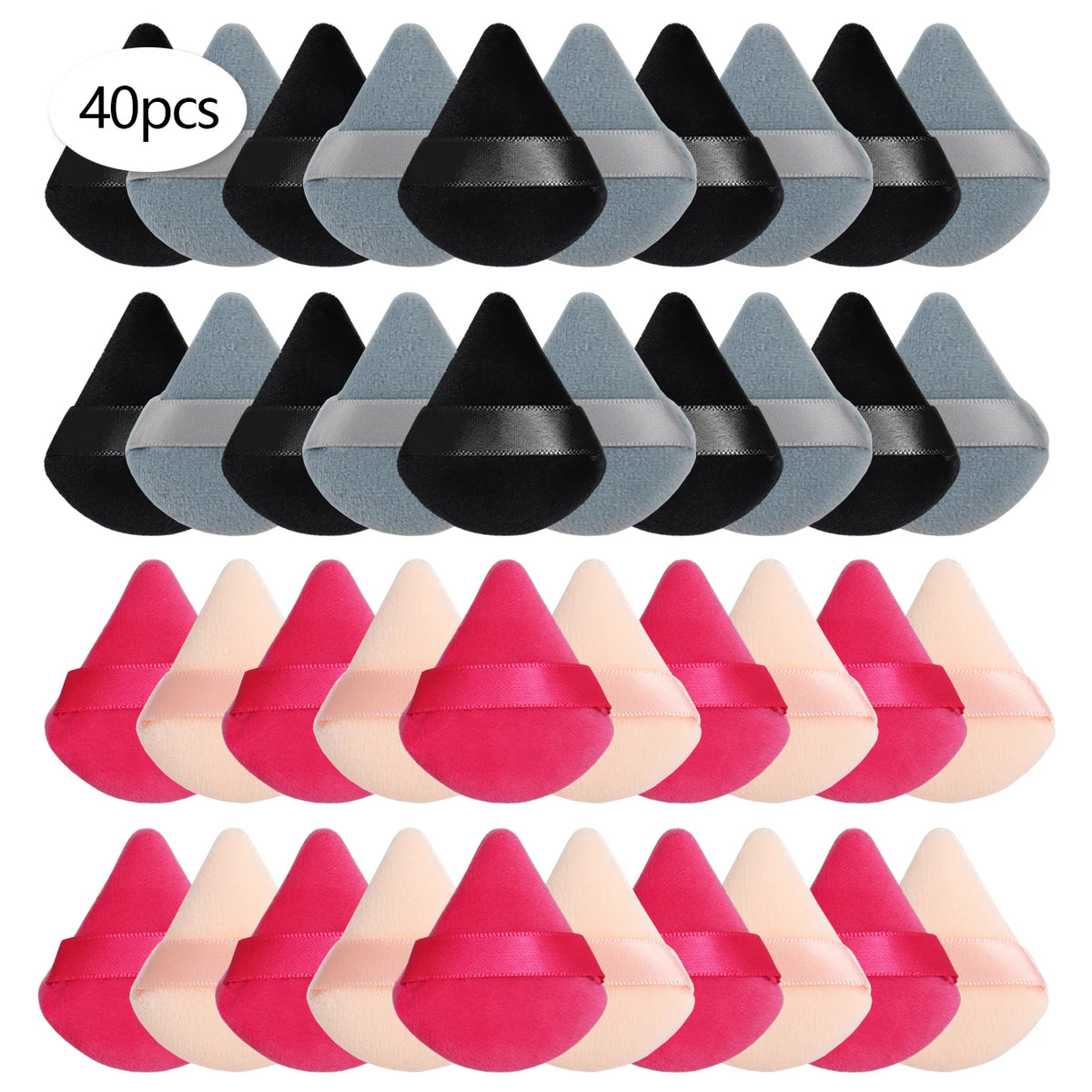 Un ensemble de 40 soufflettes triangulaires en poudre noir, gris et rose.