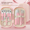 A portable 14-piece manicure and nail set in pink storage case with various metal tools.