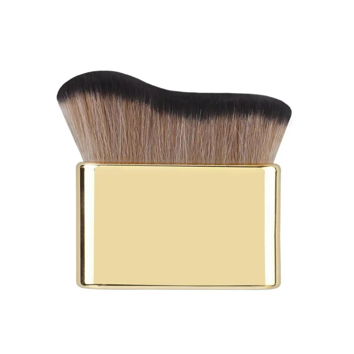 A precision hand-held foundation makeup brush with dark brown and blonde bristles set in a gold rectangular holder.
