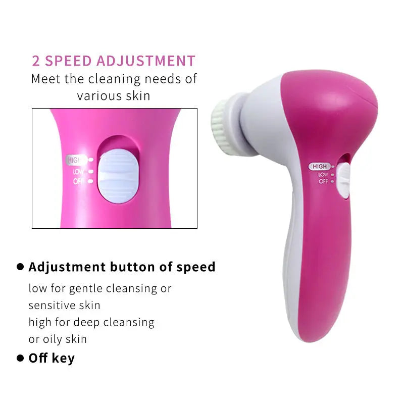 Cepillo facial eléctrico rosa con cuerpo blanco y botones de ajuste, junto a un primer plano.