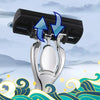 A stainless steel multi-layer body hair removal razor with a black charging base and blue arrows indicating movement.