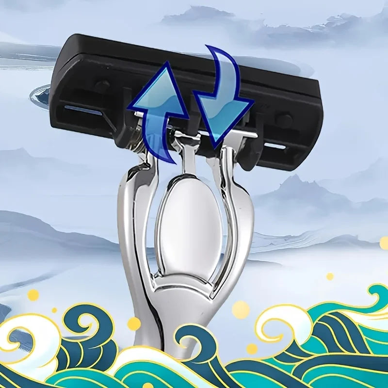A stainless steel multi-layer body hair removal razor with a black charging base and blue arrows indicating movement.