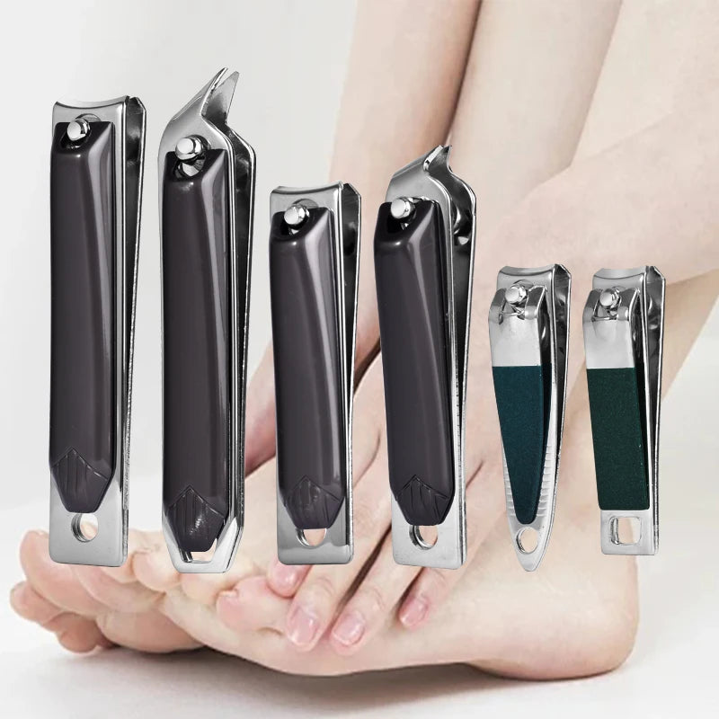 A professional stainless steel nail care kit is shown resting on a person's foot.