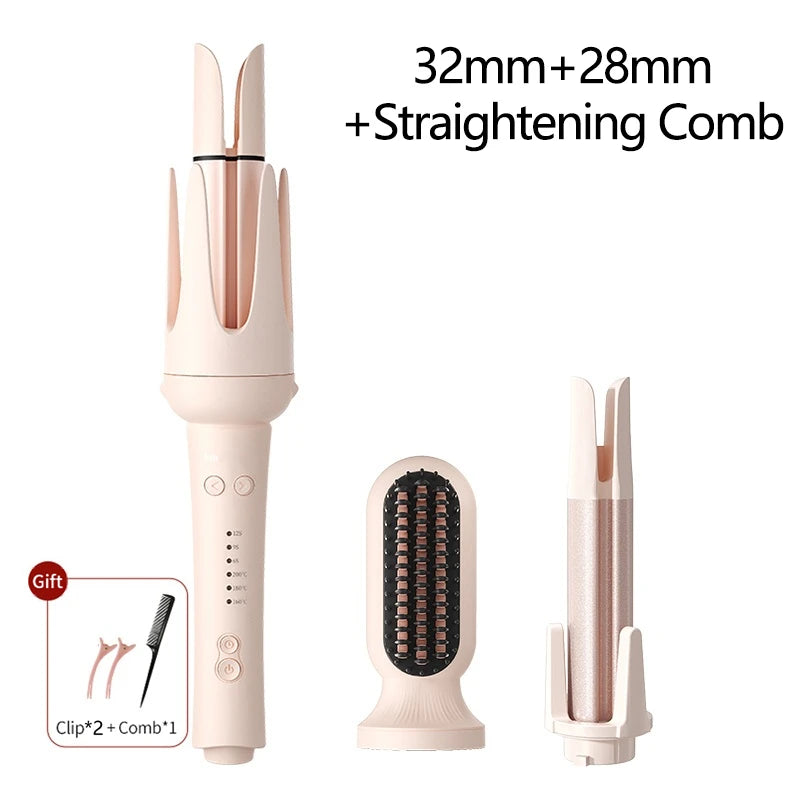 A set of 32mm and 28mm straightening combs and a straightening comb in a light pink hair tool kit