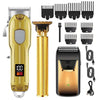A set of professional electric hair clippers and trimmers in gold and black colors.