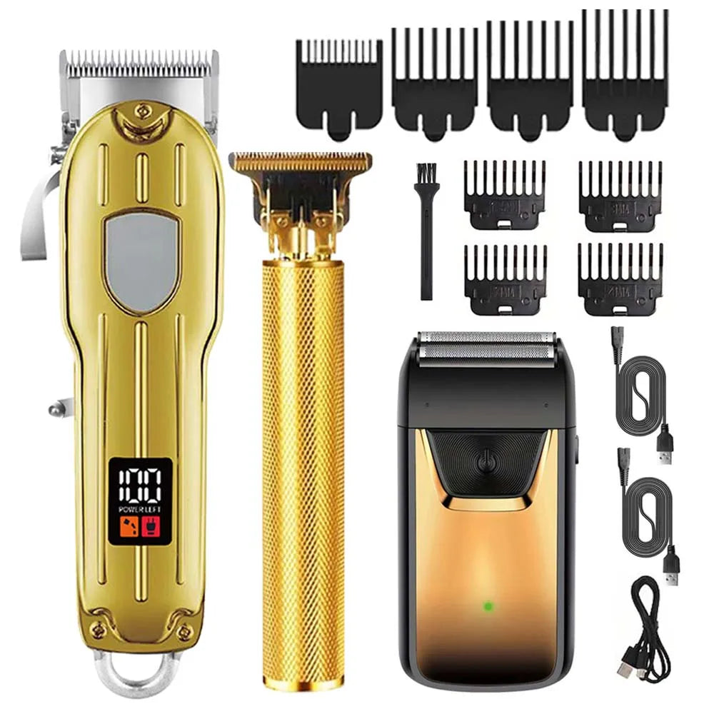 A set of professional electric hair clippers and trimmers in gold and black colors.