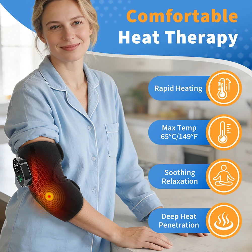 A woman is demonstrating an electric heated massage elbow brace for comfortable heat therapy.