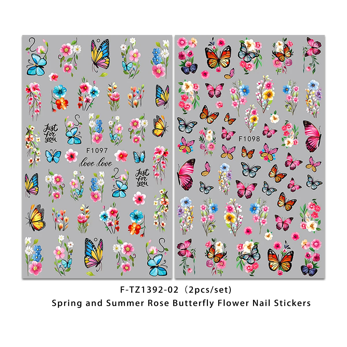 A set of F-TZ1392-02 spring and summer rose butterfly flower nail stickers featuring various colorful butterflies and floral 