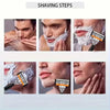 A series of steps showing how to use a six-blade manual razor with a lubricating strip for men's shaving.