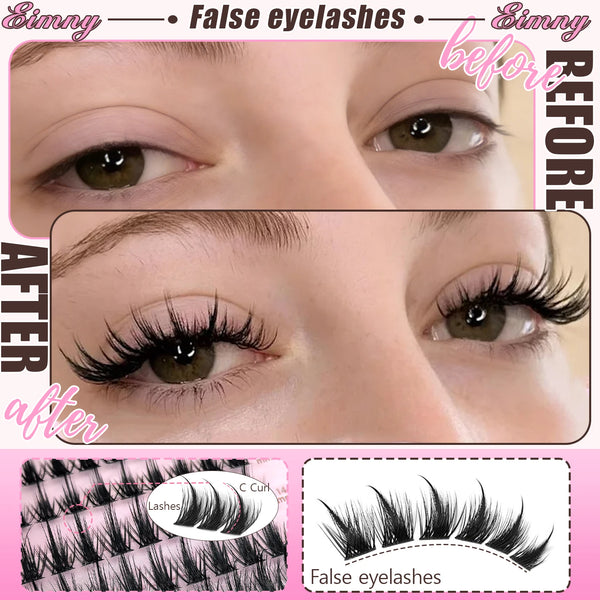 Before and after comparison of false eyelashes showing the difference in lash volume and length.