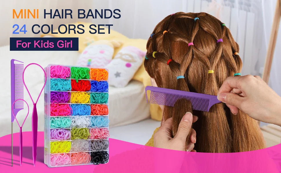 Un set de 24 élastiques colorés pour cheveux d'enfants, utilisés sur les cheveux bruns d'une enfant.