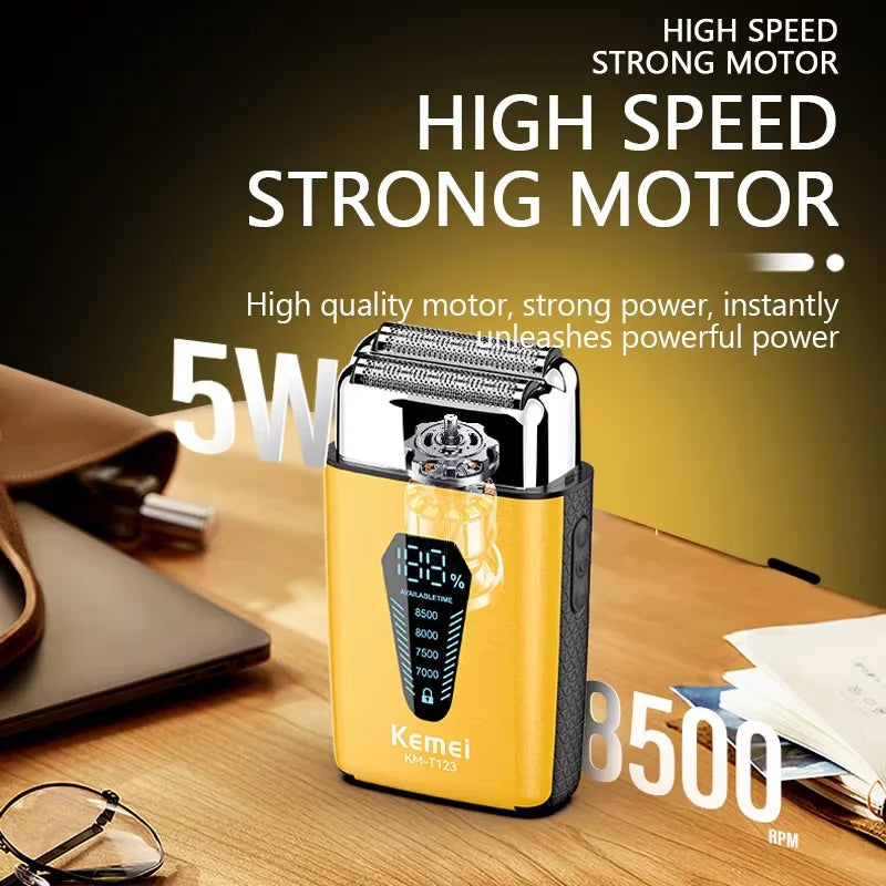 A yellow electric beard shaver with a black casing is shown on a wooden surface, highlighting its high-speed strong motor fea