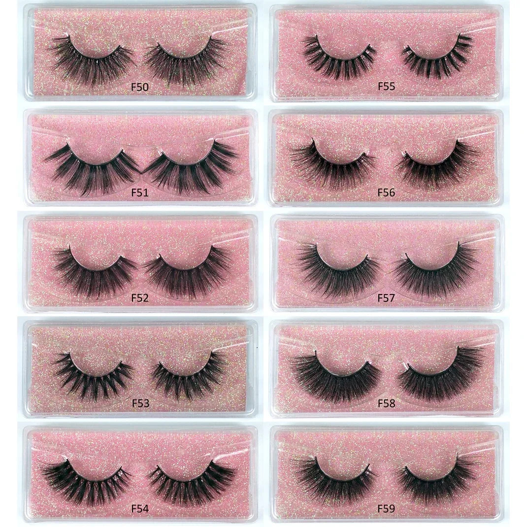 A collection of 10 pairs of pink mink false eyelashes labeled F50 through F59 displayed in individual clear packaging.