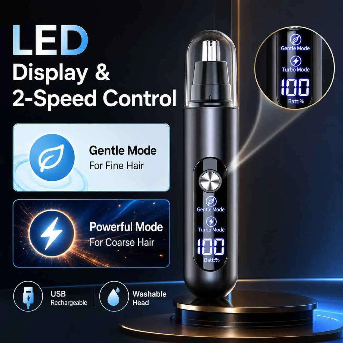 Schwarzer tragbarer elektrischer Haartrimmer mit LED-Anzeige für Gentle und Turbo Modi, USB-aufladbar