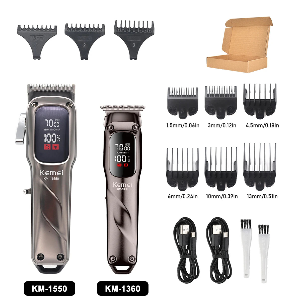 Set of Kemei hair clippers including various guards and the KM-1550 and KM-1360 models