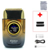 A Kemei KM-T228 electric shaver with a gold and black body, accessories, and charging cable.