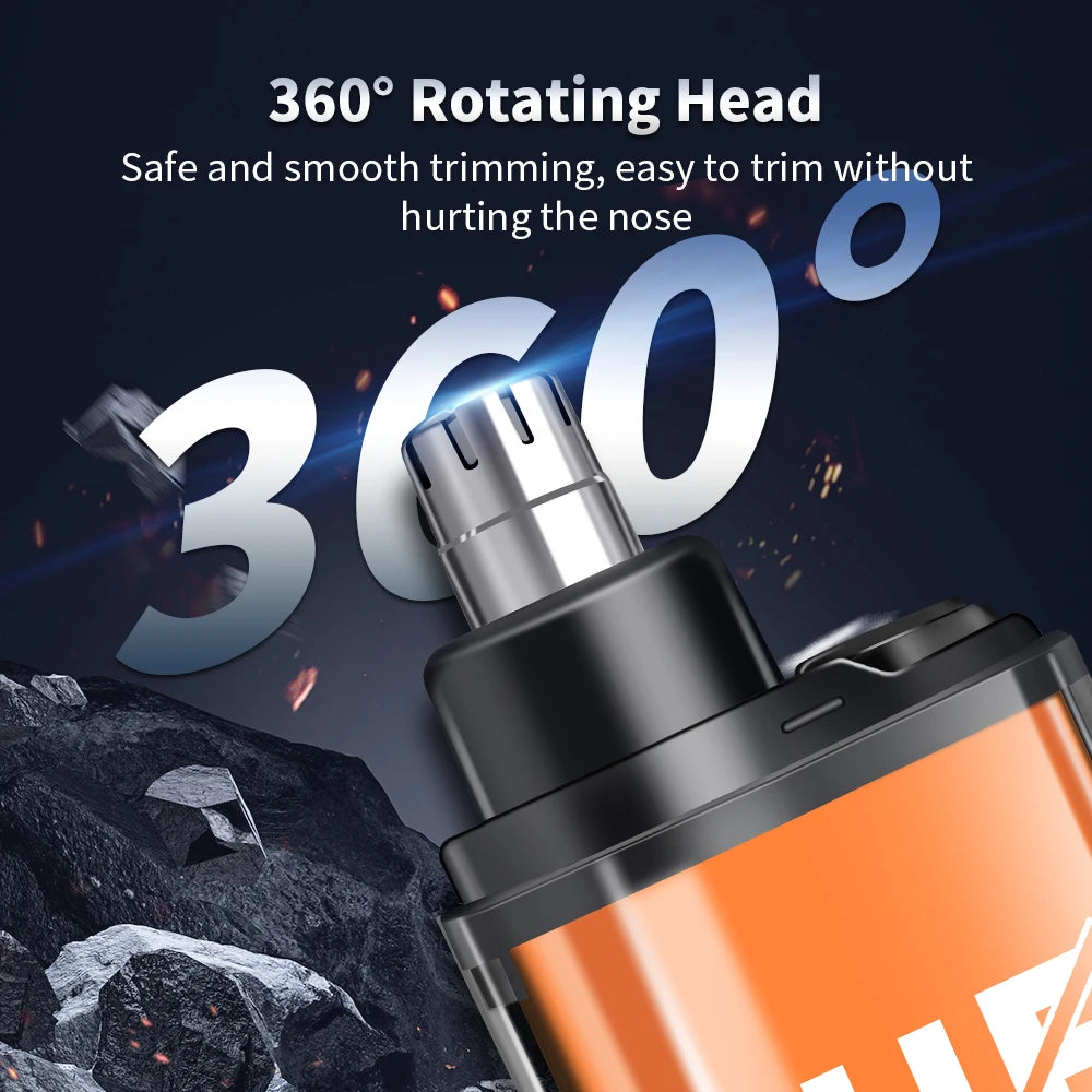 A close-up of a portable electric nose hair trimmer with a 360 degree rotating head shown against a dark background.