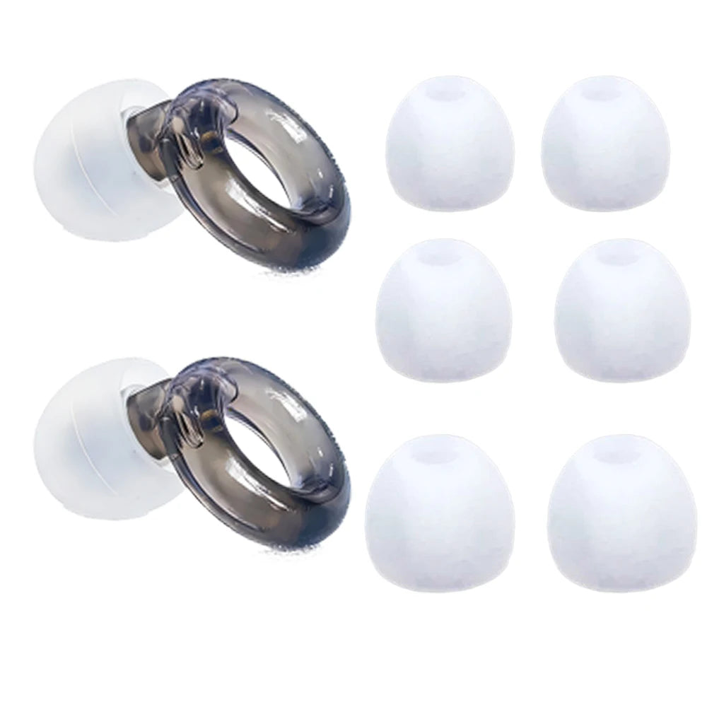 A set of silicone noise-cancelling earplugs shown in various forms and angles.