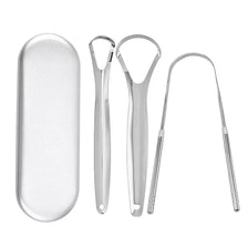 A set of three stainless steel tongue scrapers, including a flat scraper and two curved scrapers.