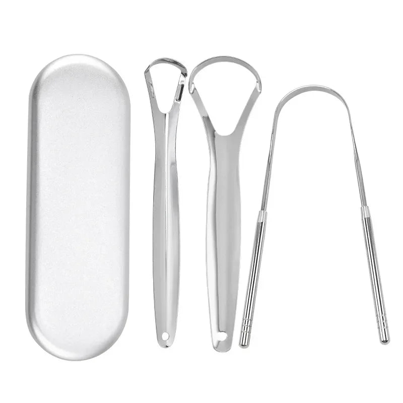 A set of three stainless steel tongue scrapers, including a flat scraper and two curved scrapers.