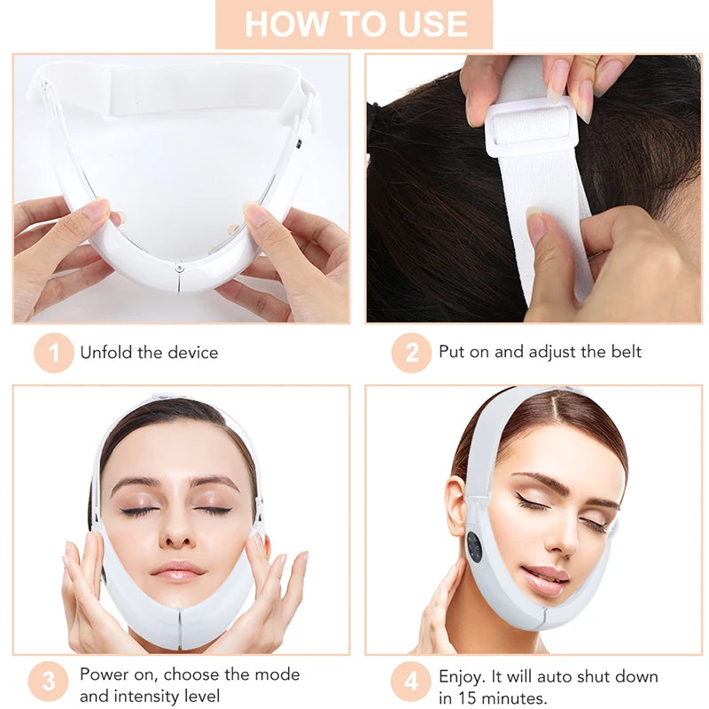 Instructions showing how to use an LED facial lifting and slimming massager device.