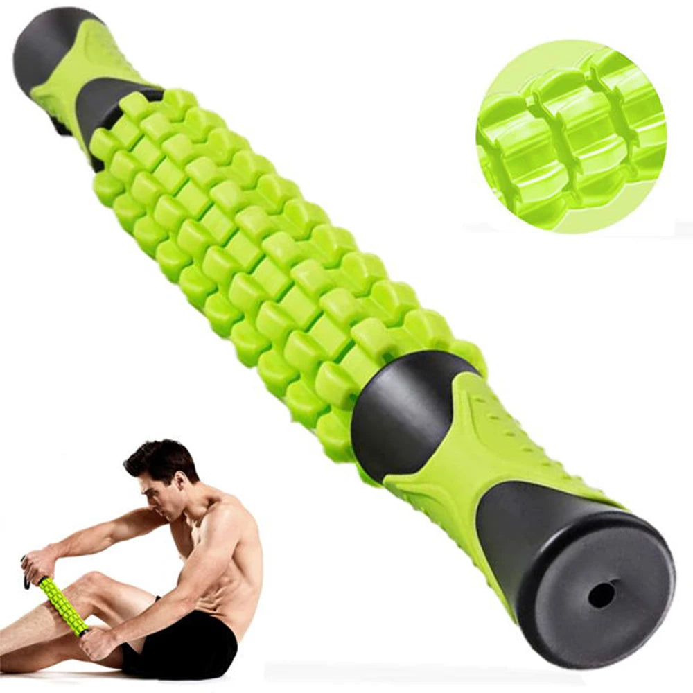 A bright lime green manual muscle roller stick for deep tissue massage and recovery, shown with a close-up view of the textur