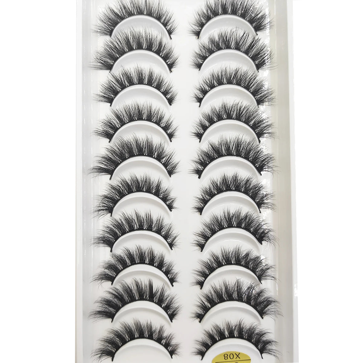 A display of natural 3D mink false eyelashes in various styles and lengths.