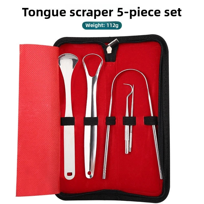 A red pouch containing a 5-piece stainless steel tongue scraper set for oral hygiene.