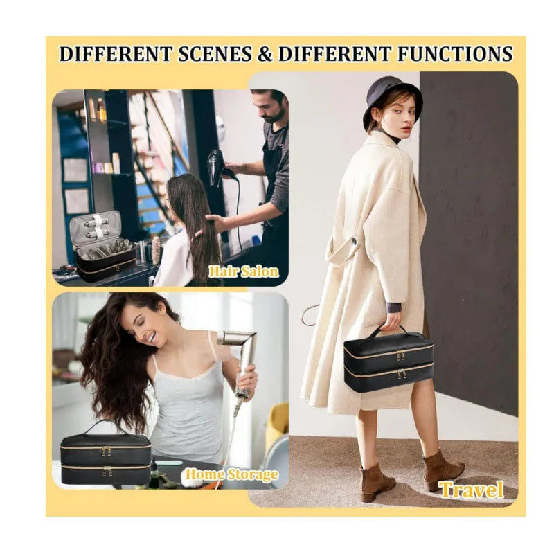 A beige PU leather storage bag is shown in various scenes including a hair salon, home storage, and travel context.