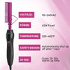 A pink electric hot comb styling iron with a black body and a cord, shown with technical specifications.