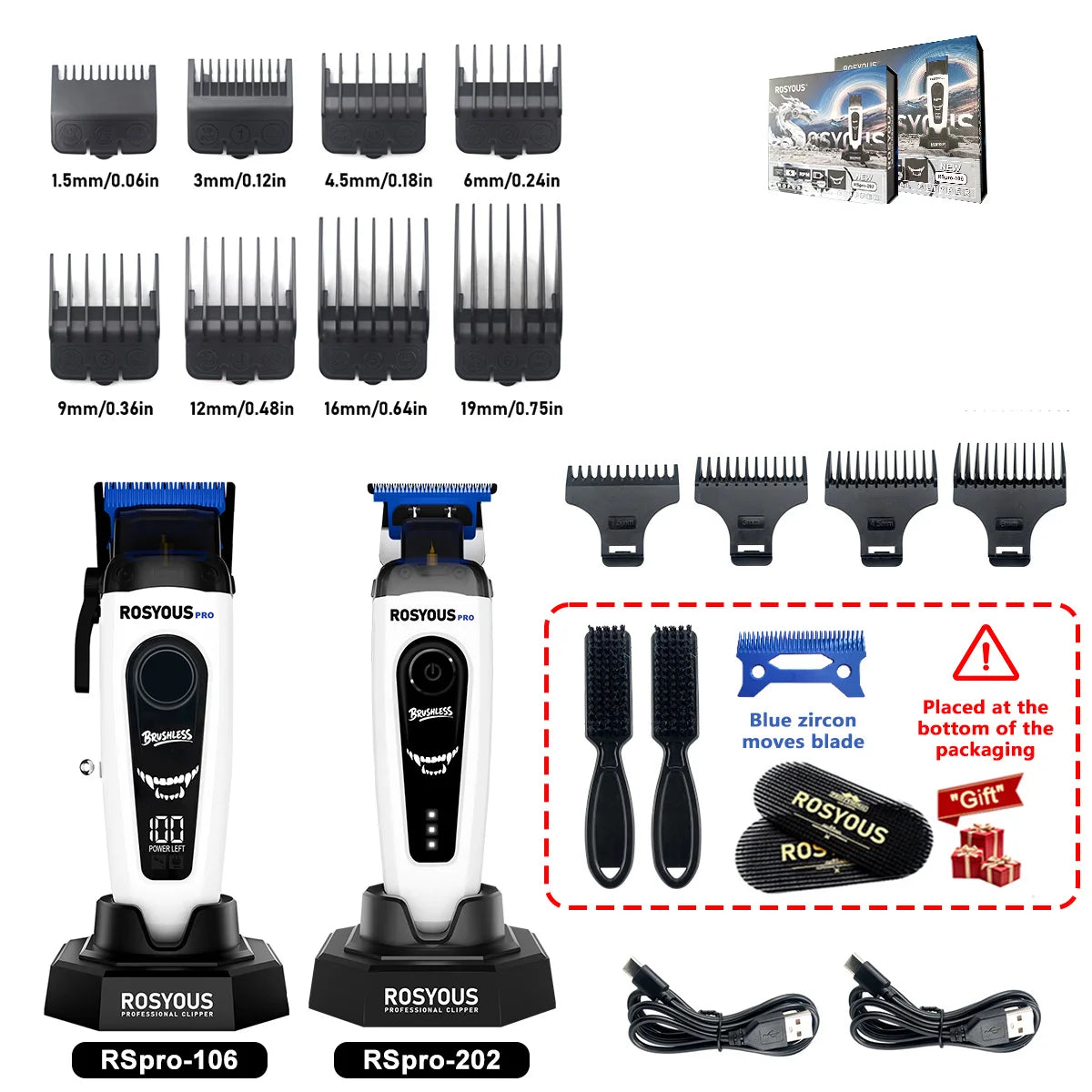A collection of Rosyous professional electric hair clippers and blades, including various sizes and accessories.