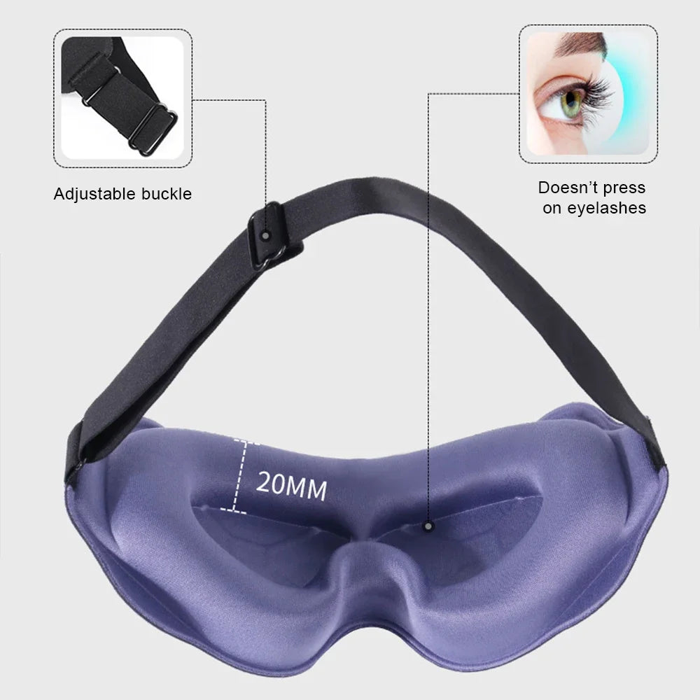 A purple 3D sleeping eye mask with an adjustable buckle and a silicone eye pad for comfortable sleep.