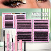 A set of pink and black lash clusters, applicators, and tools for DIY lash clusters.