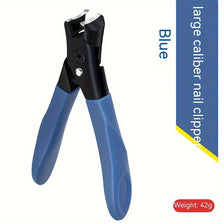 Blue large caliber nail clipper with an ergonomic handle shown in a vertical view.