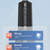 A black portable electric dental floss and oral irrigator device with four cleaning modes labeled Strong, Normal, Soft, and D