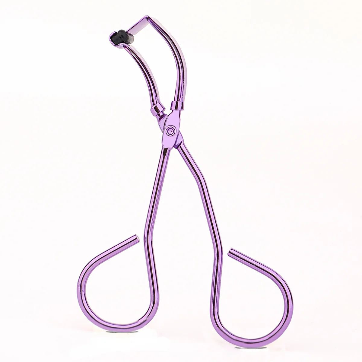 A purple stainless steel wide-angle eyelash curler tool.