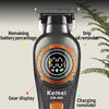 A black cordless electric hair clipper displaying a LCD screen with battery percentage, oil reminder, and gear display.