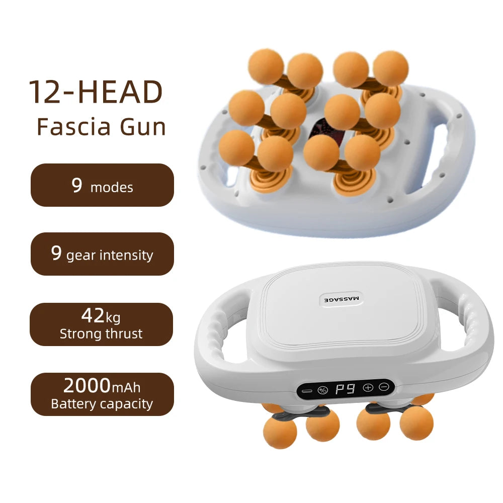 A white 12-head fascia gun massage device with orange massage balls and a handle is shown.