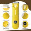 Yellow precision LED hair removal trimmer showing various features like ceramic blade, anti-slip design, USB-C charging, and 