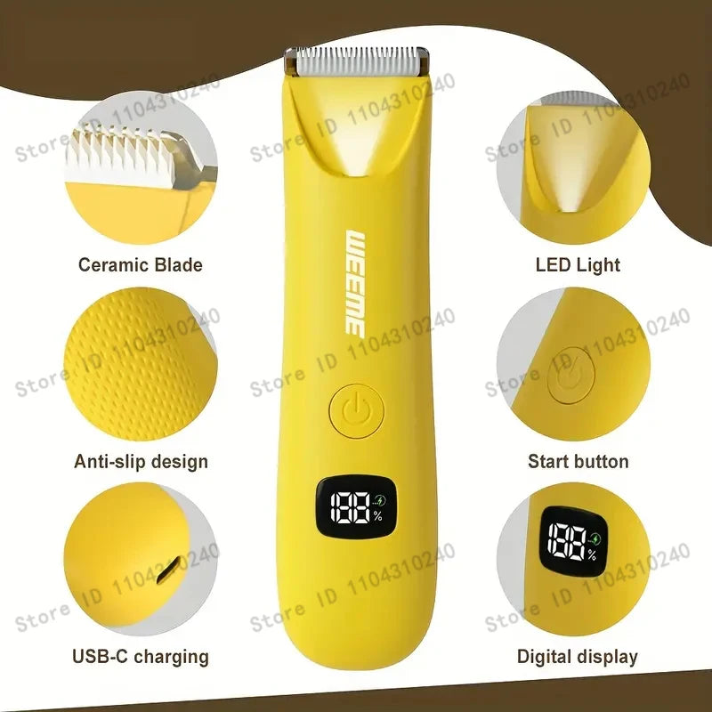 Yellow precision LED hair removal trimmer showing various features like ceramic blade, anti-slip design, USB-C charging, and 