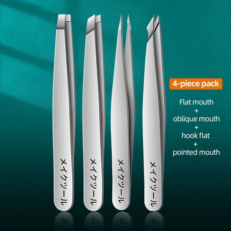 Precision Stainless Steel Eyebrow Tweezers Set (4 Pcs)