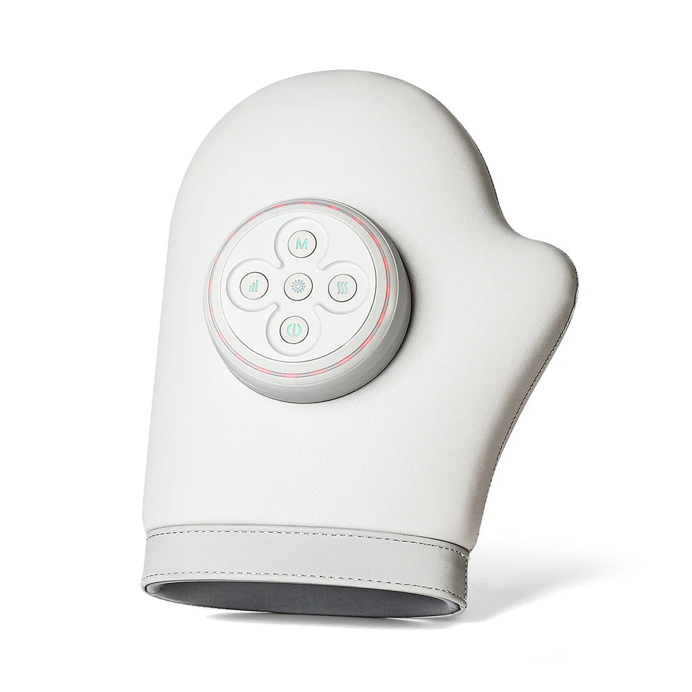 A white electric hand massager with a circular control pad featuring multiple buttons.