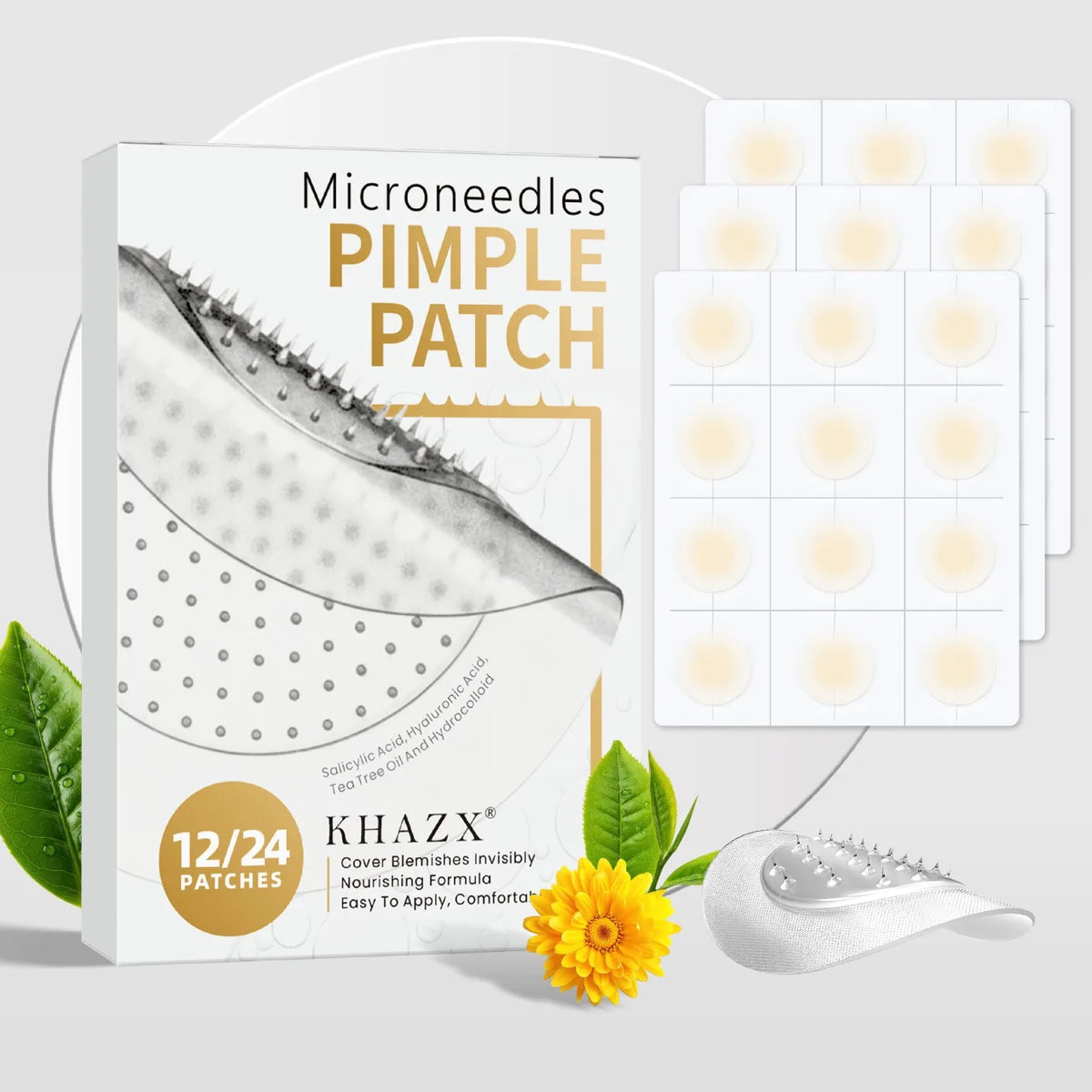Box of Microneedles Pimple Patch with a sheet of patches and a yellow flower