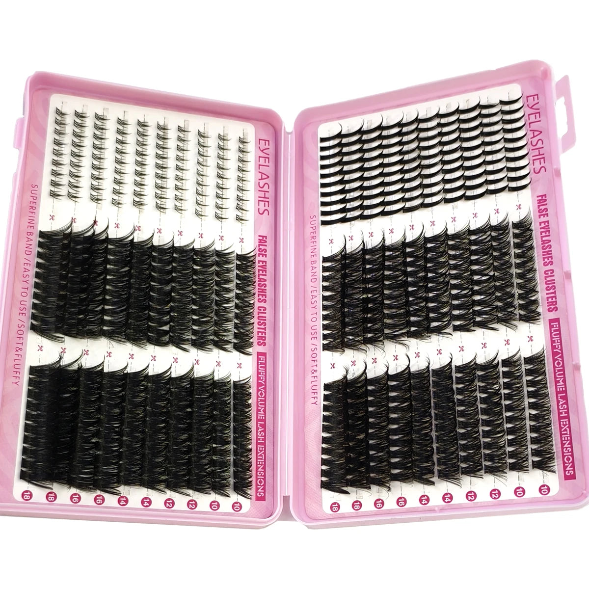 A pink plastic kit containing multiple sets of black false eyelashes for DIY lash extensions.