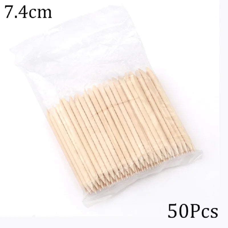 A package containing 50 natural wood nail art pusher sticks, measuring 7.4cm long.
