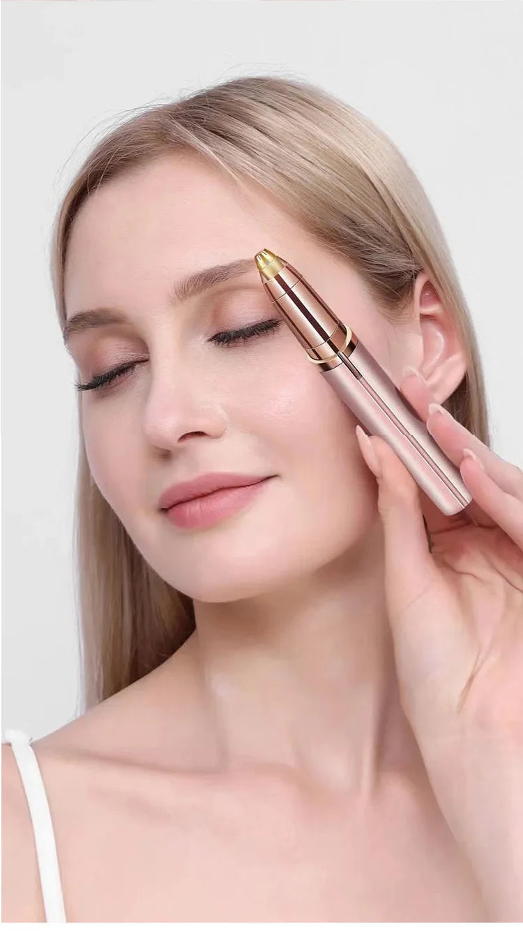 A woman is using a pink electric eyebrow trimmer on her upper lip.