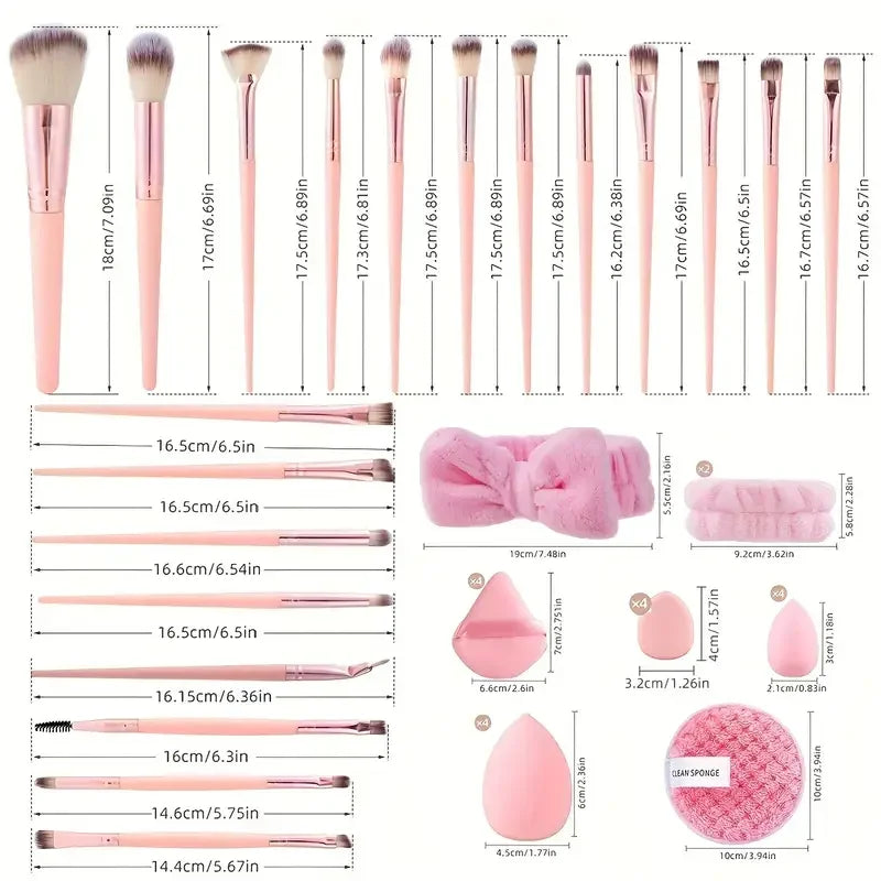 A collection of 20 makeup brushes and tools in various sizes and shades, including fluffy brushes, lip brushes, and sponges.