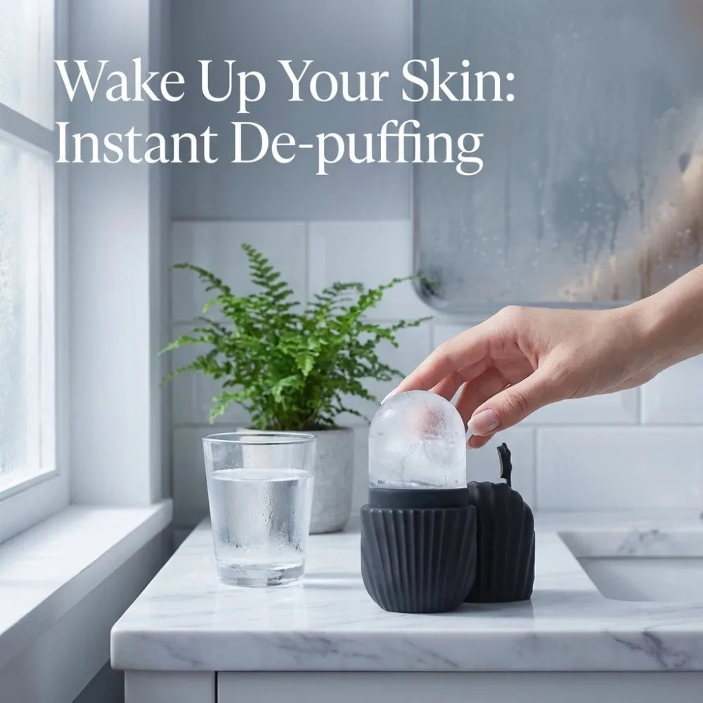 A hand holds a black Gua Sha and ice roller set on a marble counter next to a glass of water.