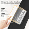 A hand operates a U-shape shiatsu massager with controls for power, direction, speed, and heat on a black device.