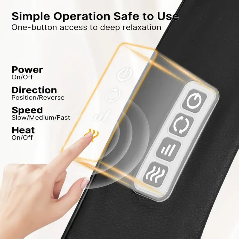 A hand operates a U-shape shiatsu massager with controls for power, direction, speed, and heat on a black device.